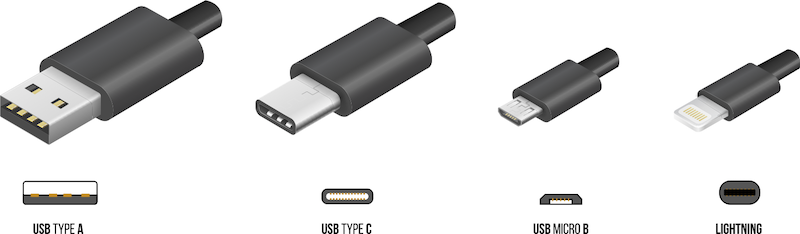 USBType-A、USBType-B、USBType-C、LIGHTNINGのコネクタの形の写真
