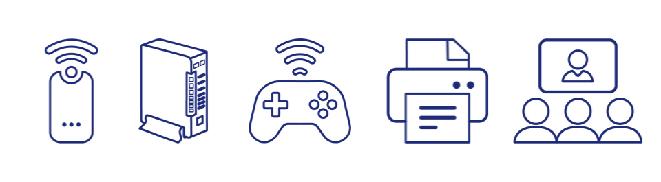 Wifiルーター、光インターネット回線用モデム、ゲーム機器、オフィス事務機器（プリンター・複合機、スキャナー等）、会議システム機器等の図